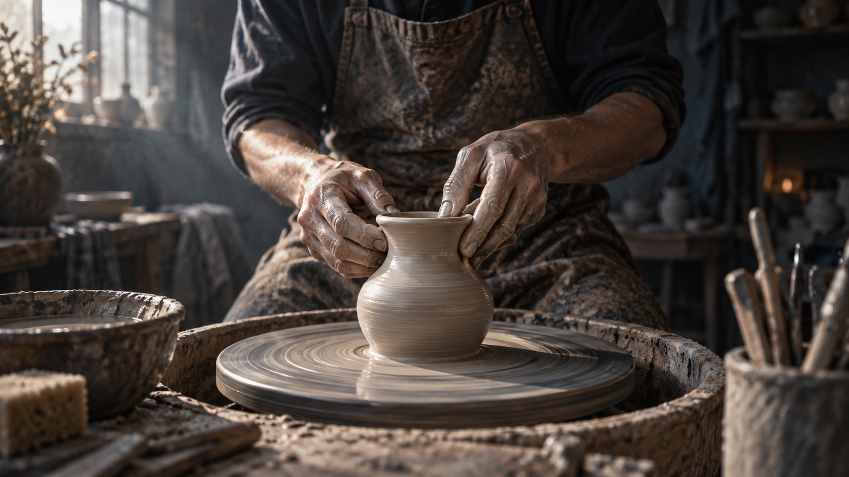An illustrative documentary frame of an artisan shaping a ceramic vessel